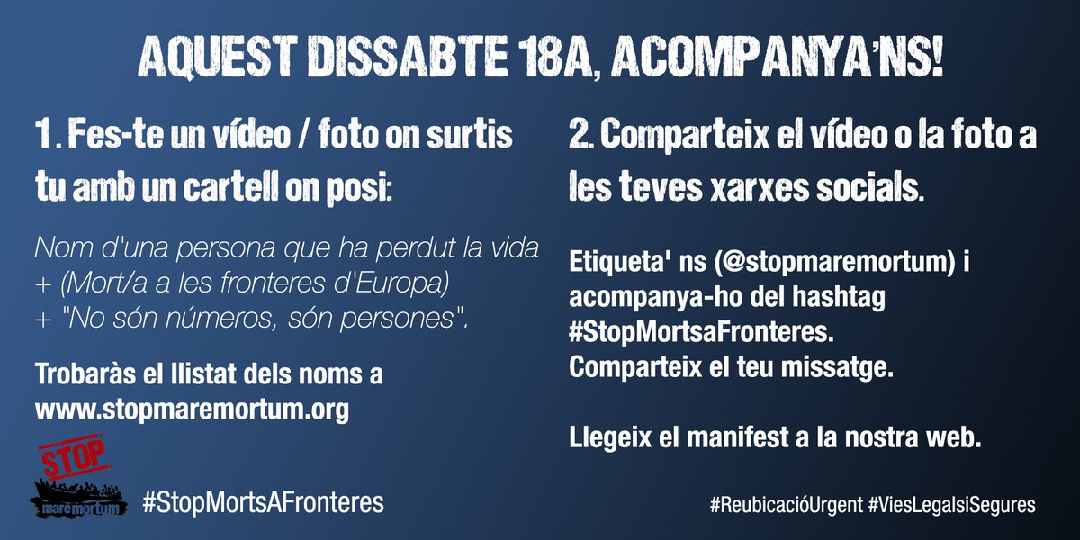 stopmaremortum's tweet photo. Milers de persones moren a les fronteres europees cada dia, comptabilitzades com a número

📢No són números, són persones! #Stopmortsafronteres

🔎Coneix els seus noms https://t.co/Ta6sm5HLwR via @UNITED__Network

Et necessitem per posar-lis cara i fer-les visibles! Ens ajudes?👇 https://t.co/SBxXahkltR