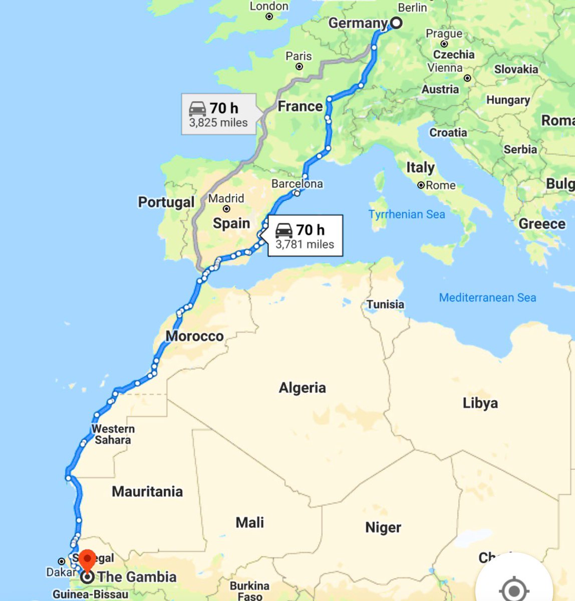 Banjakey's tweet photo. I’ll undertake this ride in the next year or so, God-willing.

It’s projected at 70 hours, but I’ll probably do it in a week or two, just to savor every stop along the way.

It’d be awesome to do it with a couple of cool fellow Adventurers.

#CrossContinent
#Germany
#Gambia https://t.co/KoFmwnd0rB