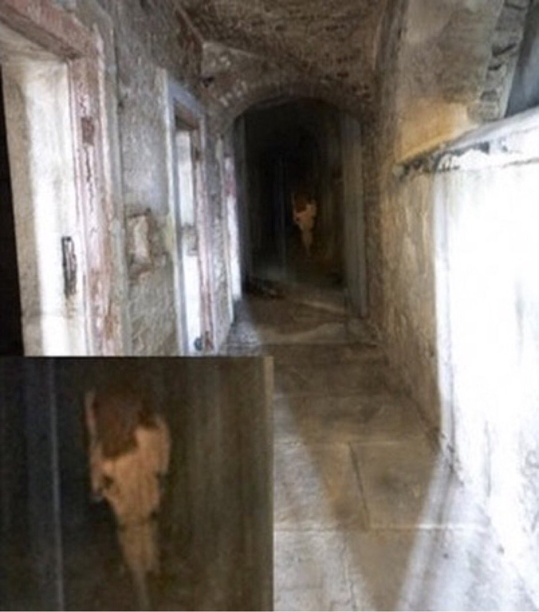spookyweirdshit's tweet photo. Source insta   @ghosted_uk  Skidmore Photography snapped these  at Ireland’s Cork CityGaol 1st pic shows nothing 2nd pic taken secs before shows something odd. Is it a ghost? A ghostly woman in green allegedly haunts Cork City Gaol, though details about it are scarce. https://t.co/VEVV9r9eSy