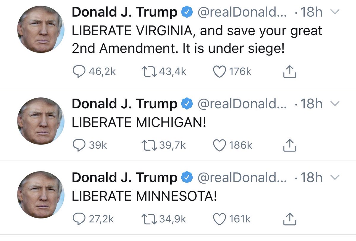 rglucks1's tweet image. Ce qui se passe aux Etats-Unis est inouï: un Président qui appelle les citoyens, armés, à « libérer » leur État et à désobéir à la puissance publique en pleine pandémie... Shakespeare aurait fait de cette folie une pièce géniale, espérons que les électeurs US y mettent vite fin.