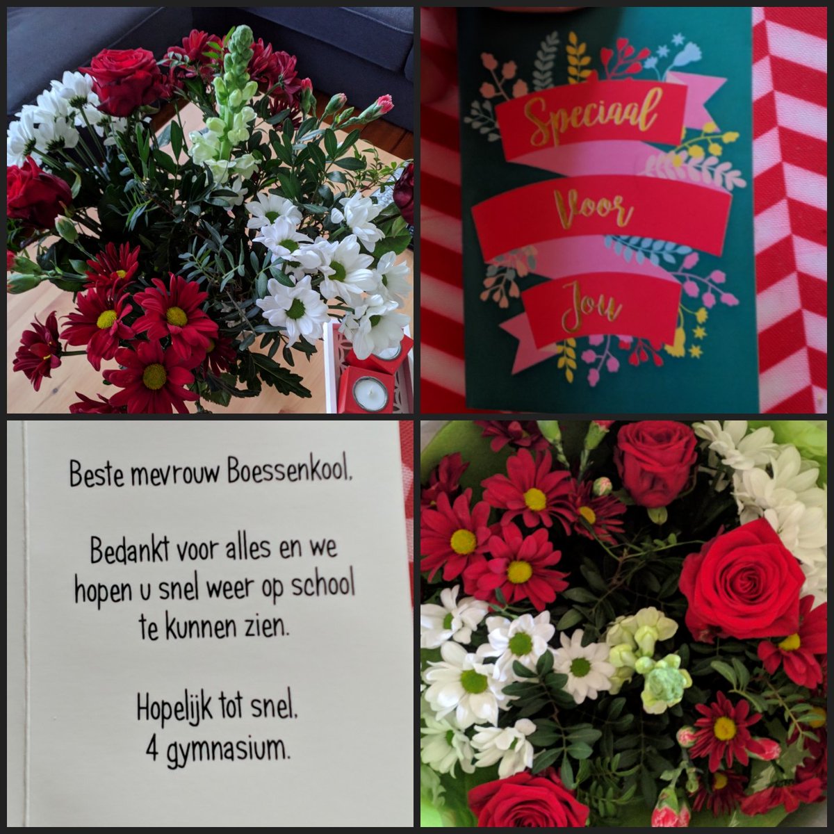 Ontroerd. Er werd net een prachtige bos bloemen bezorgd met een heel lief kaartje erbij. Van mijn vierde klas. Ik heb zulke geweldige leerlingen! Ik hoop ook dat ik hen weer snel zie, ik mis al mijn leerlingen.