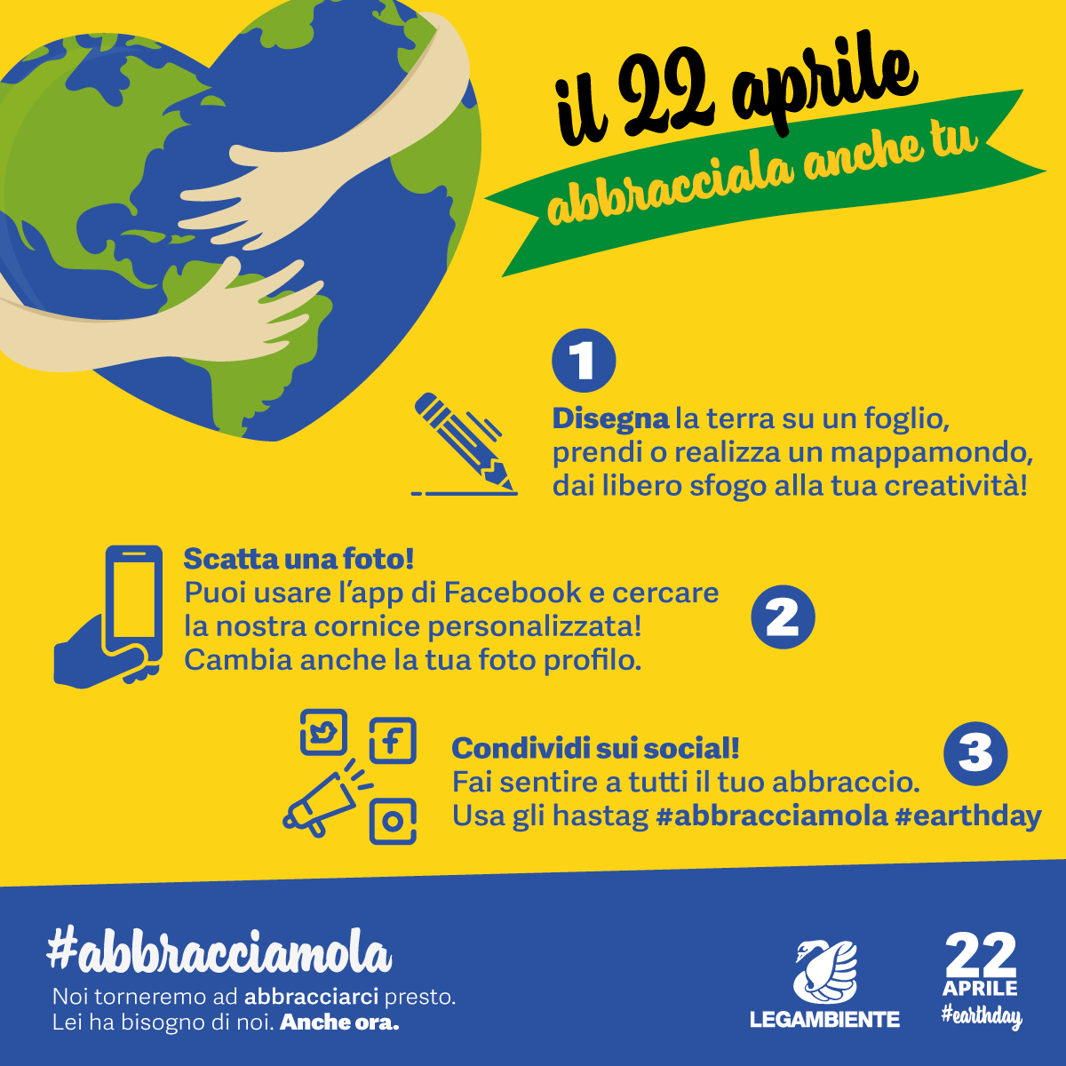 Legambiente's tweet photo. Mercoledì 22 aprile è #EarthDay 

La nostra Terra ha bisogno di cura, #ABBRACCIAMOLA!
Noi torneremo ad abbracciarci presto. Lei ha bisogno di noi. Anche ora. 

Il 22 partecipa al flash mob virtuale, ecco come 🔽
https://t.co/2gvZk1uhe1 https://t.co/HwmUsokKnZ
