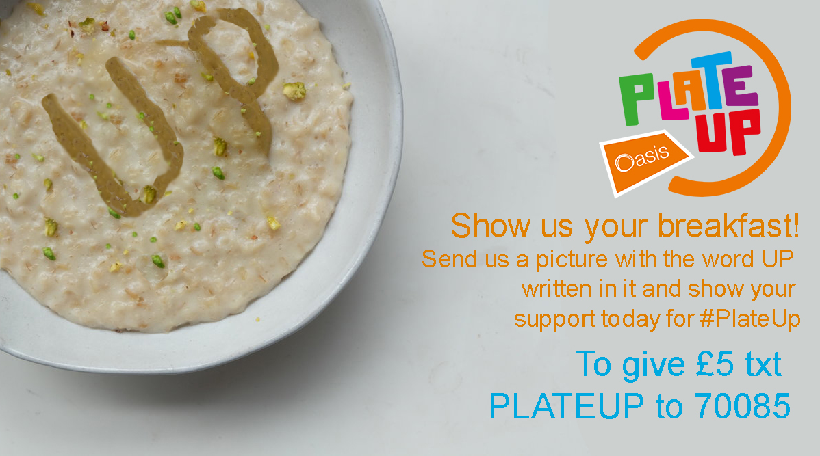 OasisAcademies's tweet photo. Show us your lockdown brekkies! We are supporting the @Oasis_UK #PLATEUPChallenge and helping to raise awareness about holiday hunger. 4.1m children go hungry outside of school terms. Write Up in your breakfast and send us a pic, nominating 3 friends to do the same! https://t.co/fwUnWeTIMs