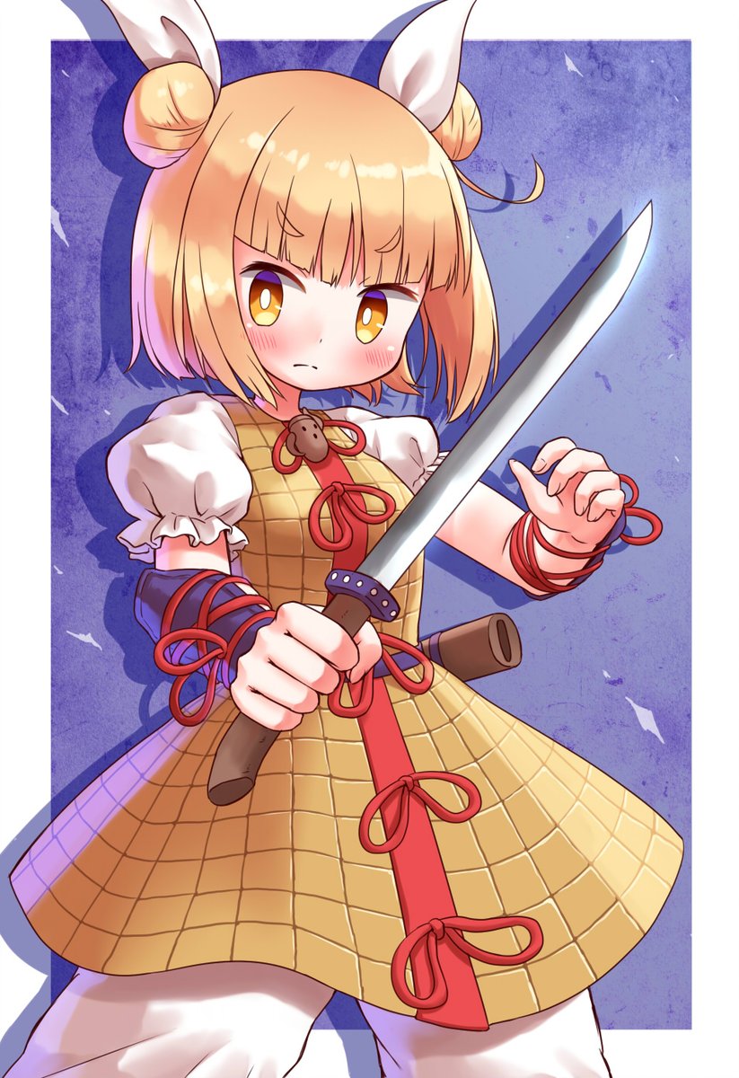 joutouguu mayumi 1girl solo weapon sword blonde hair double bun hair bun  illustration images