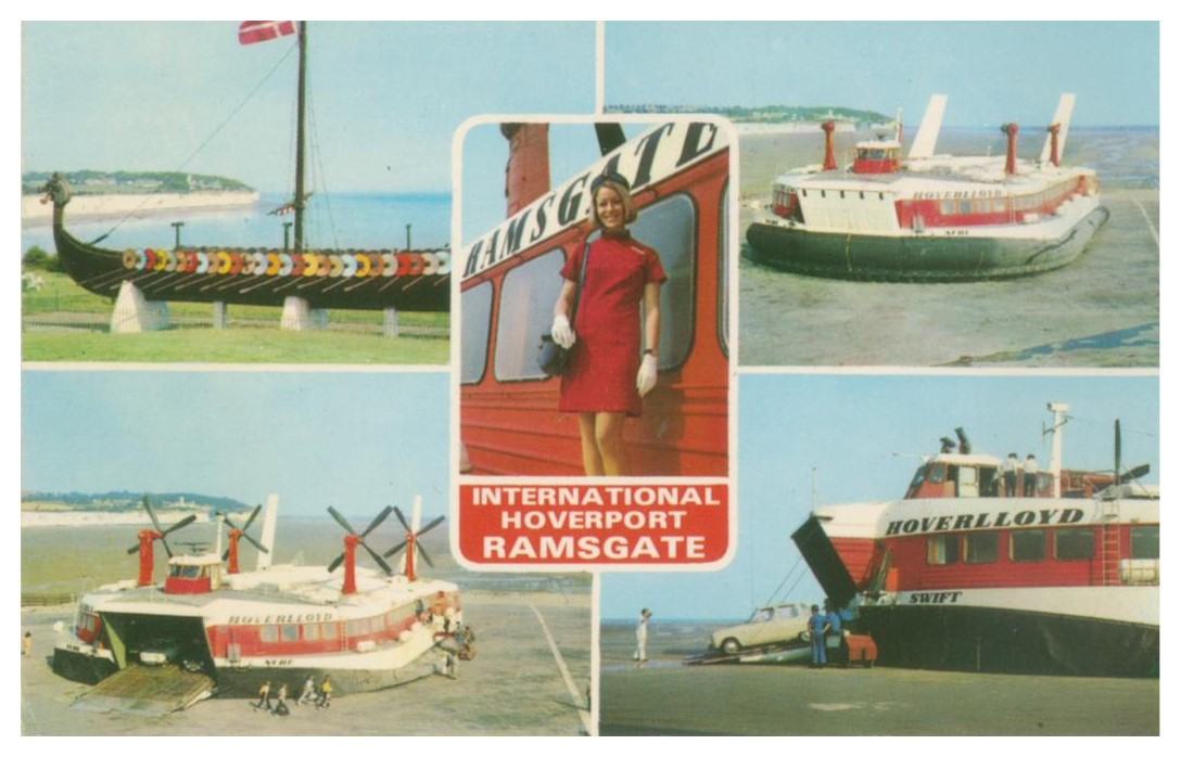 _LaraBand's tweet photo. 3/15 4000 crossings planned p.a. “The new hopping off point for Europe!” https://t.co/D0BBVDKIyq Ramsgate, famous for seaside hols, now sends people away instead. ‘Pilots’ ‘fly��� hovercraft; pillbox hatted stewardesses attend passengers. Souvenirs of glamour &amp; connectivity #PMAC20 https://t.co/IT2nVmTMCh