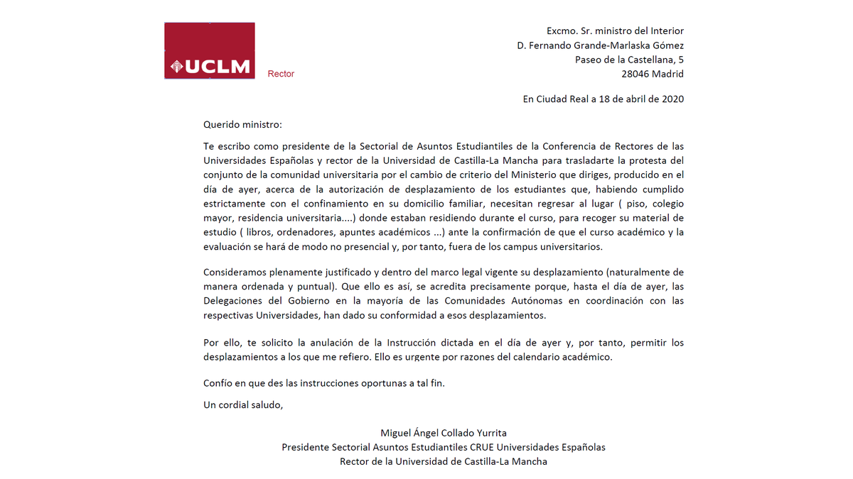En coordinación con <a href="/CrueUniversidad/">Crue Universidades</a>, acabamos de remitir una carta de protesta al <a href="/interiorgob/">Ministerio del Interior</a> por las nuevas instrucciones que impiden a los estudiantes universitarios recoger sus apuntes y materiales de estudio, solicitando su reconsideración <a href="/CREUPCREUP/">CREUP</a> 
<a href="/EstUCLM/">Consejo de Representantes de Estudiantes UCLM</a> <a href="/uclm_es/">Universidad de Castilla-La Mancha</a>