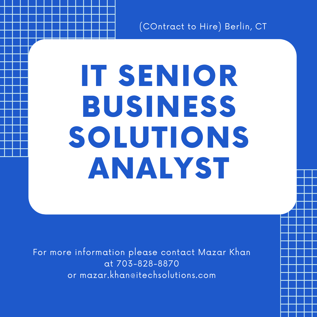 iTechSolutions_'s tweet image. We have an opening for an IT Senior Business Solutions Analyst for a Contract to Hire position in Berlin, CT

Apply Here: bit.ly/3a7sShW

#SolutionAnalyst #SolutionsAnalystJobs
