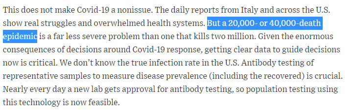 Point 4. This one is perhaps meta-substantive. But IMO Bendavid is extraordinarily slow to update beliefs in the face of new evidence.The March 24 op-ed posited a super-low mortality rate and predicts few deaths. Since then, the worldwide death toll grew by a factor of 10x.