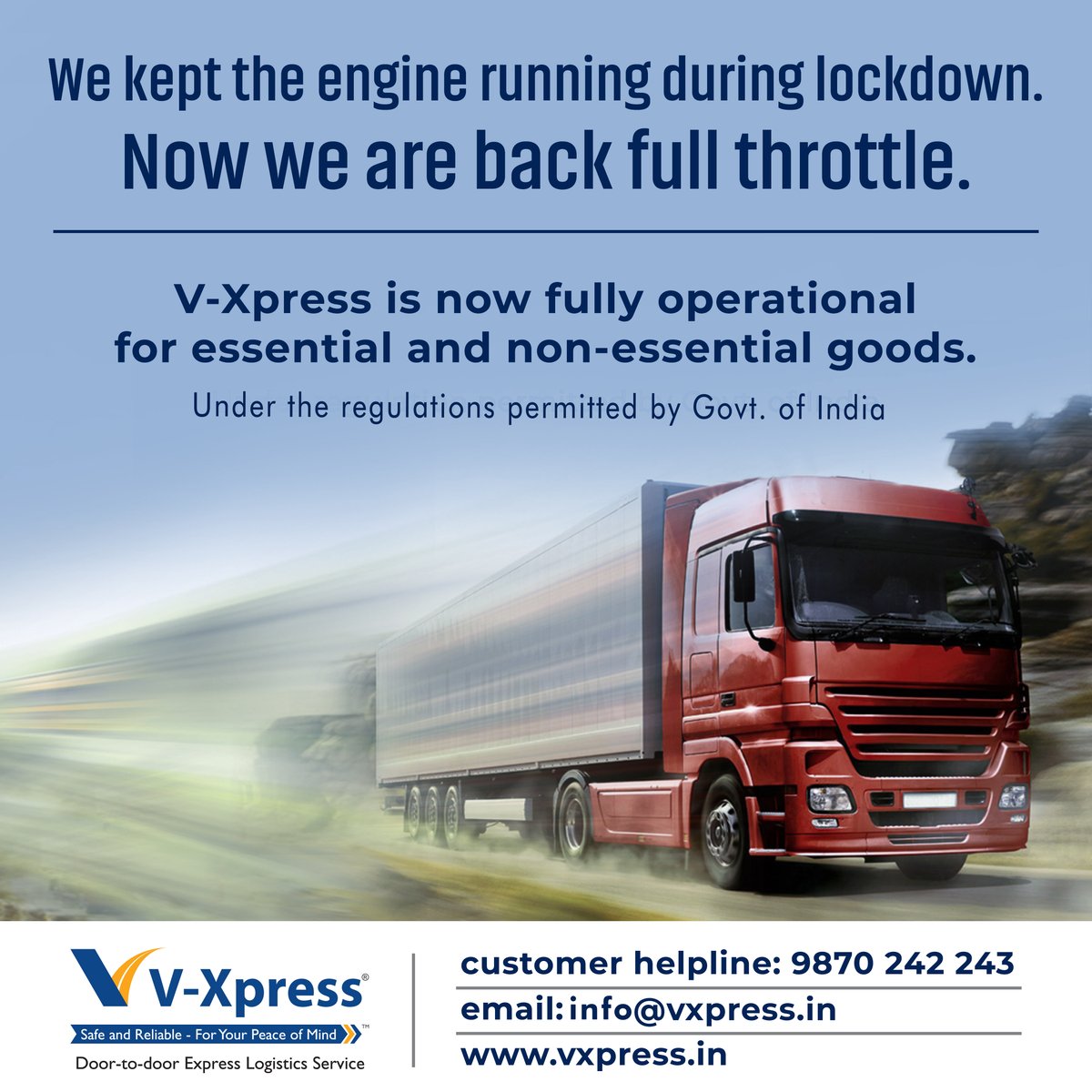 VxpressLogistic's tweet photo. We moved that extra mile and covered length and breadth of India, to keep essentials moving during the lockdown.
Now we are back in full swing(as per permitted guidelines) to serve the nation. 
#PanIndiaLogistics #IntegratedLogistics #EssentialsDelivery ##SavioursOnWheels https://t.co/4VGdaZgTBX