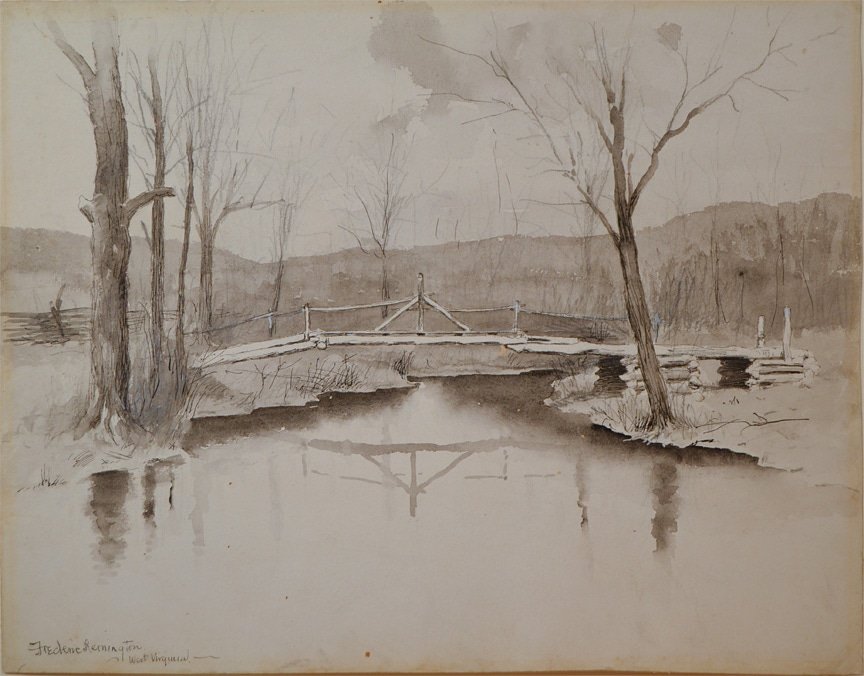 A Foot-Bridge, West Virginia
1894
pen and ink wash on paper, b/w
#goodmorningRemington 
#MuseumfromHome
#fredericRemington