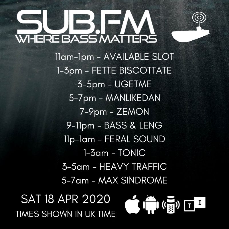 SubFM's tweet image. The lineup for Saturday 18th April 2020

Sub.FM

@DocstepFM @UGETME_DJ @manlikedanukg @ZEMONbass @Wedge_DJ @HeavyTrafficRec @maxsindrome

#Dubstep #UKGarage #BassMusic #DnB #Grime #Dub #Reggae #House #Techno #Jungle #Juke #Bass #Radio