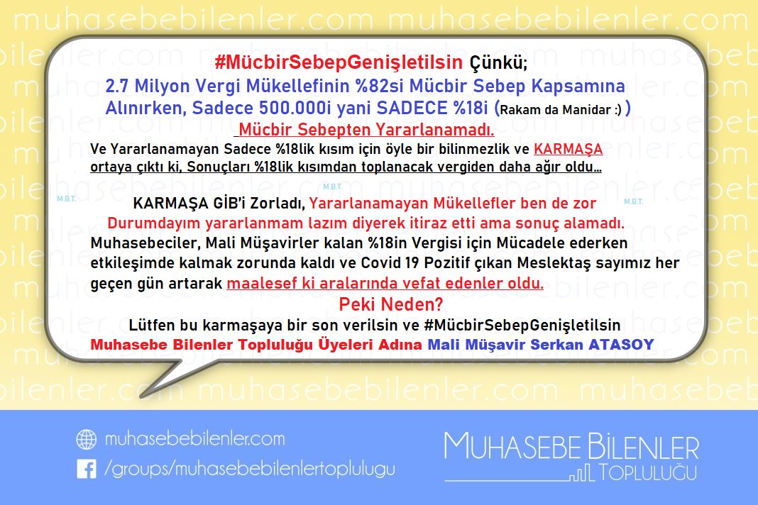 #MücbirSebepGenişletilsin 
Ne yapılması gerekiyorsa biz hazırız.Ama Bunu Mükellefe anlatmak gerçekten çok zor.
Gelen Cevaplar;
- Virüs beni etkilemedi mi?
- 2 Aylık Öteleme Bende mi Çok Görüldü
- Salgın var MücbirSebep Neden Kısıtlı?
Ya Tam Anlatın ya da #MücbirSebepGenişletilsin