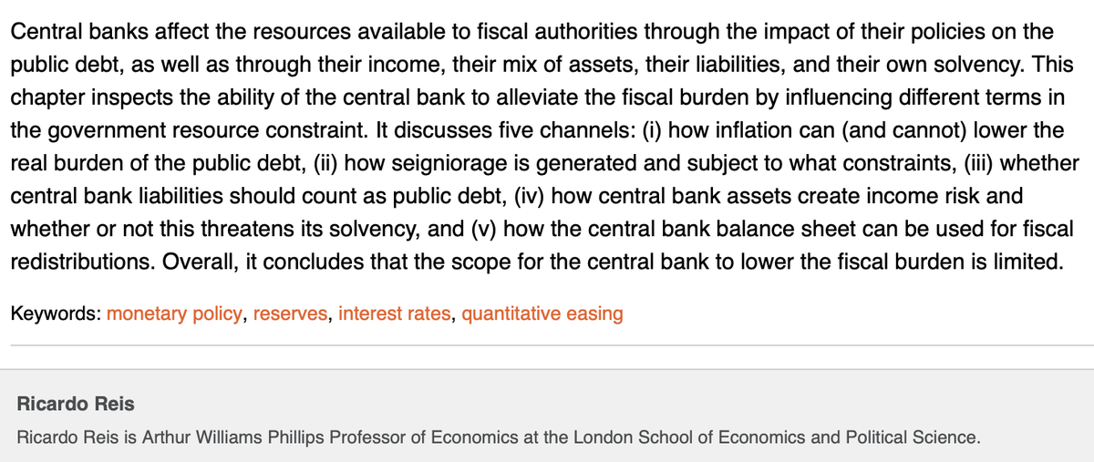 Current CB actions don't relax budget constraint of the govt intertemporally. The govt still has to collect future taxes to pay for debt. The CB will collect and pay the banks. Public finance fundamentals did not change. CB just made borrowing easy[6/12] https://bit.ly/3bljR6n 