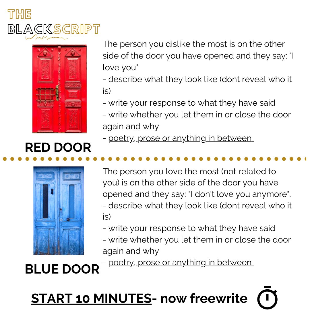 The_Blackscript's tweet photo. 2. #behindthedoor WRITING CHALLENGE-Stick with your choice ! Be strict with yourself! 10 minutes and that's it- little to no edits please #noedits #10minutechallenge #bestrict #SaturdayMorning #SaturdayMotivation #SaturdayVibes #WritingCommunity https://t.co/nGM0SER3La