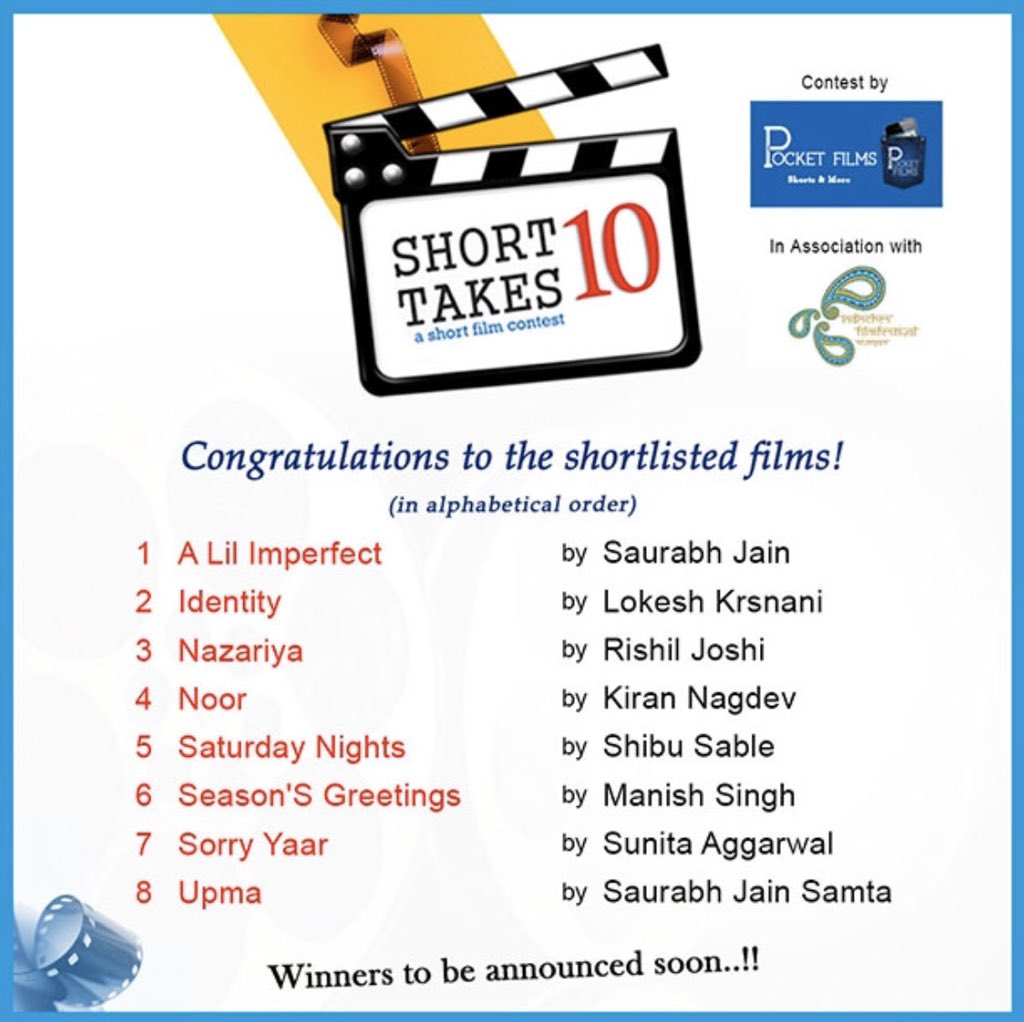 pocketfilmsin's tweet photo. Presenting the #shortlist for the top #shortfilms of ‘Short Takes’ season 10 contest in association with Indian Film Festival of Stuttgart. Congratulations to the film makers and their teams ! May the best film win #pocketfilms https://t.co/LcrisDpafy