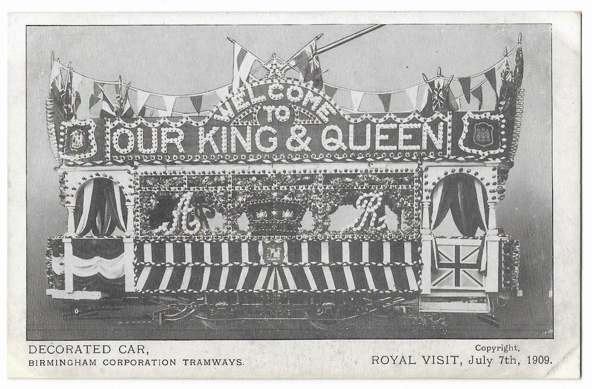 One of the most frequent reasons for decorating trams, or indeed holding city-wide civic celebrations, seems to hv been for royalty. Either to show pride in welcoming royalty to the municipality- or celebrating coronations. Bunting, flowers, paper, lights: trams went glam. (6/11)