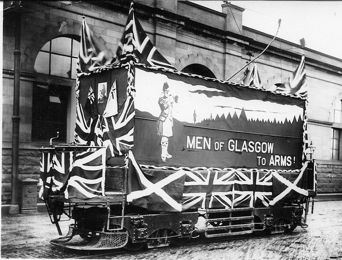 Trams weren’t always decorated for celebration. Hartlepool dressed up this tram as a submarine in WW1 - and Glasgow in full patriotic regalia to recruit men as troops. (9/11)