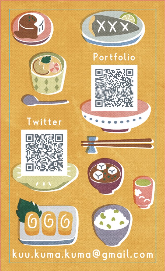 おやびん(@booichiro )からアドバイスをもらって名刺デザイン完成したよ〜🍢🐻
今回は和食モチーフ❗️

洋食モチーフも絶賛制作中〜🍴🍝
#名刺デザイン #イラスト 