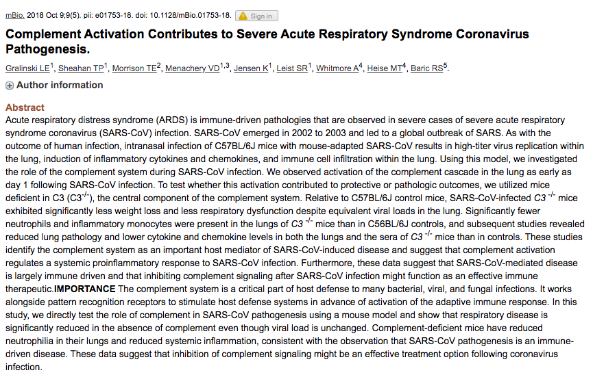 24/Seroconversion leads to complement activation. ie: antibody binds virus & destroys.Sounds like good thing, but if there's already massive inflammation (and limited ways to shut down) it's BAD. w/ SARS, seroconversion was associated w/ ARDS/death. https://twitter.com/JukeBaRosh/status/1245354391936401408?s=20