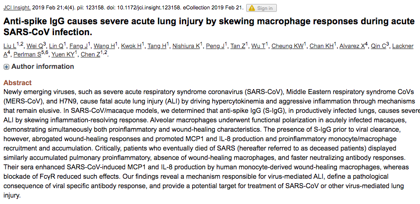 24/Seroconversion leads to complement activation. ie: antibody binds virus & destroys.Sounds like good thing, but if there's already massive inflammation (and limited ways to shut down) it's BAD. w/ SARS, seroconversion was associated w/ ARDS/death. https://twitter.com/JukeBaRosh/status/1245354391936401408?s=20