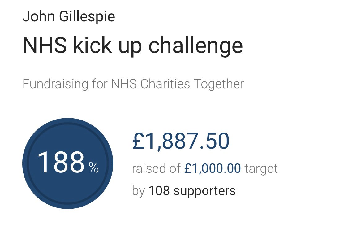 The Ashby Kick Up challenge has already exceeded its target (£1000) by over £800 quid!👏🏻

Please help keep it going and keep that figure rising skywards! 🚀 

Get involved by taking a video of yourself doing kick ups, then donate and nominate some of your mates to join!