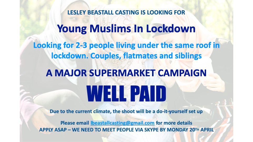 LBCastingTweets's tweet photo. We're looking for Muslim couples, flatmates & siblings to star in an ad. NO ACTING EXPERIENCE NECESSARY! Please RT. Email: lbeastallcasting@gmail.com ASAP for more details x
#ukmuslimnetwork
#muslimsconnectuk
#newmuslimsuk
#russainmuslimsuk
#muslimwomanuk
#ukmuslims
#mipsterz https://t.co/j0b1xDkju2