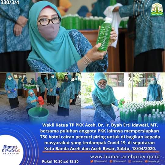 ORINEWS_'s tweet photo. Wakil Ketua TP PKK Aceh Ibu Dr. Ir. Dyah Erti Idawati, MT bersama puluhan anggota PKK lainnya mempersiapan 750 botol cairan pencuci piring untuk dibagikan kepada masyarakat yang terdampak #COVID19 diseputaran Banda Aceh dan Aceh Besar. Sabtu (18/4)
#TPPKKAceh
#TerusBergerak https://t.co/R8CGy4VcHo