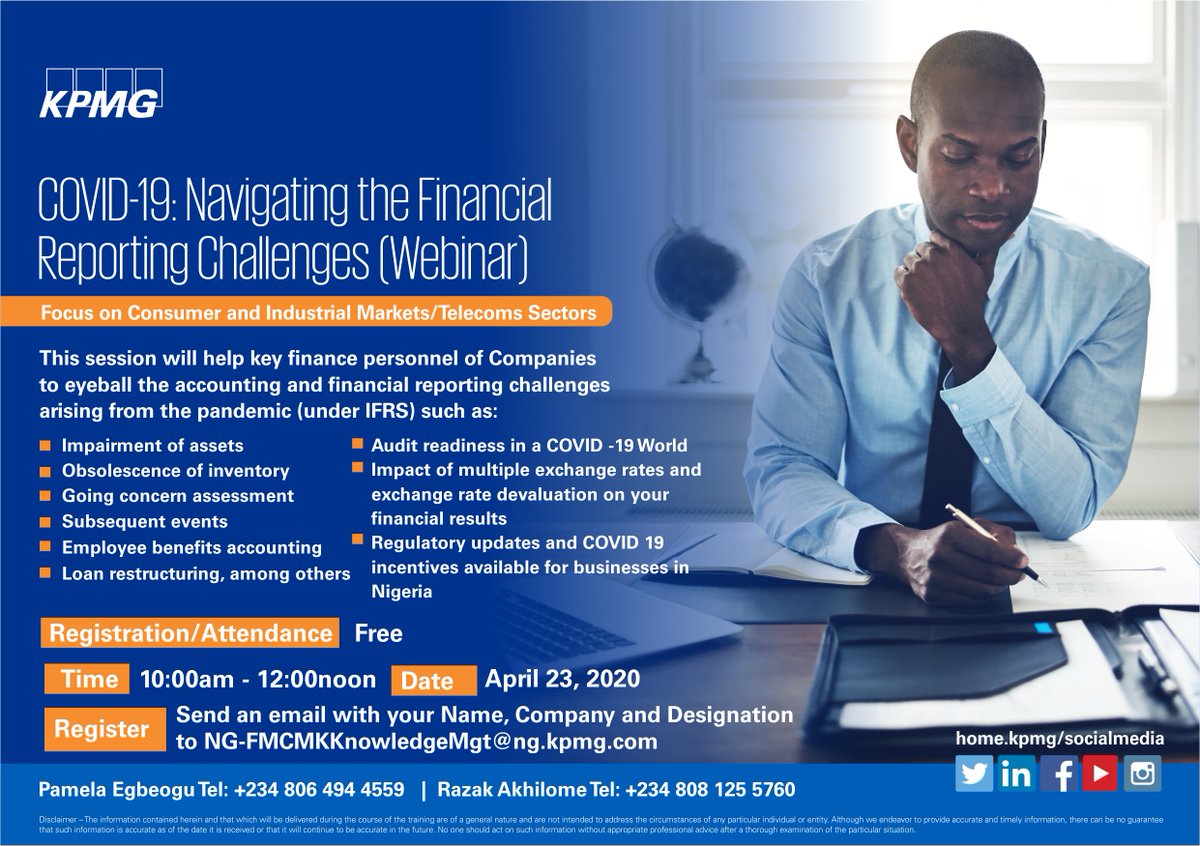 If you are searching for a solution to the accounting and financial reporting challenges arising from the #COVID_19 (pandemic), then save the date for this webinar hosted by <a href="/KPMG_NG/">KPMG Nigeria</a>, as it promises to surmount challenges especially in the consumer and telecoms sectors.