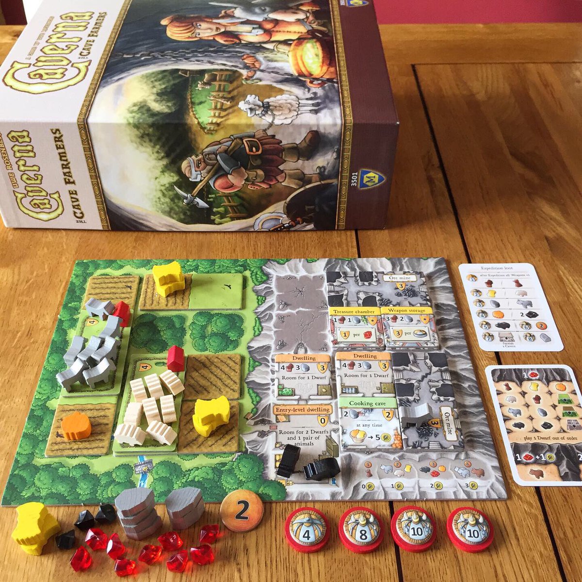Solo’d Caverna (<a href="/LookoutSpiele/">Lookout Spiele</a>) for the first time. Even without the competition of other players nabbing what you need, it’s still a challenge! (Accumulation spots empty by default if they accrue 6+ pieces in them.) This first effort scored 75VP – must work harder to reach 100!