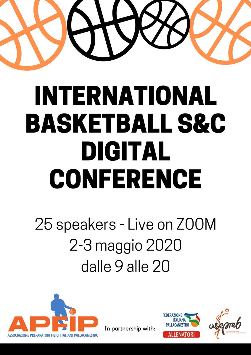 APFIP_Italy's tweet photo. 🏀 INTERNATIONAL BASKETBALL S&amp;C DIGITAL CONFERENCE 🏀
📅SAVE THE DATE 👉🏼 2-3 Maggio 2020
🖥 Live on ZOOM dalle 9 alle 20
🎙 25 SPEAKERS Internazionali
#apfip #basketball #basketballstrengthandconditioning #strengthandconditioning #strengthcoach  #digitalconference https://t.co/P74KH3JsCz