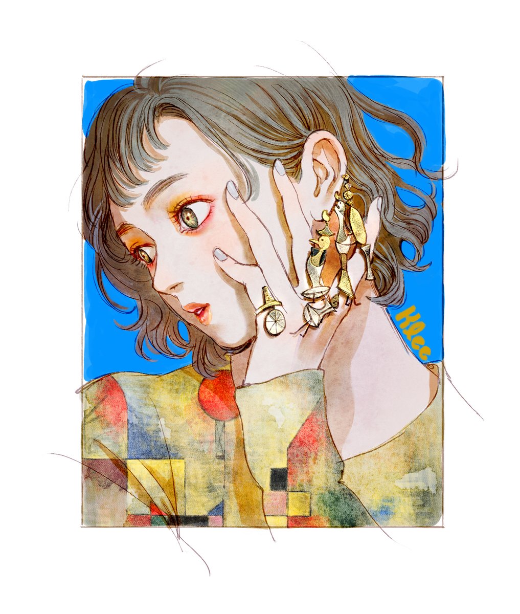 1girl solo jewelry short hair earrings white border brown hair  illustration images