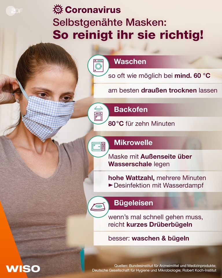 Genannt werden verschiedene Möglichkeiten selbst genähte Masken zu reinigen.