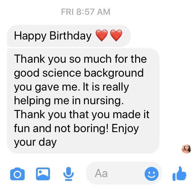 MsZajicek's tweet photo. This made my day!! A former student, from 7 years ago, remembered my birthday, looked me up on Facebook, and shared these kind words! Simple, but mean so much! https://t.co/tT7YuKnbK0