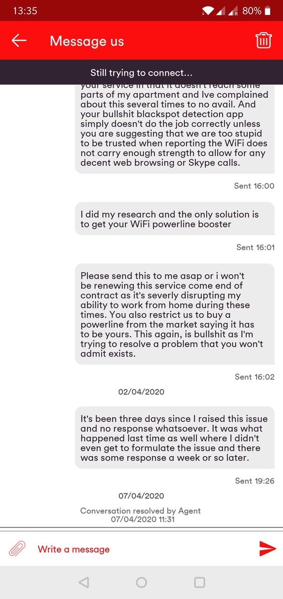 moshmellow's tweet photo. Seems @virginmedia is under a lot of fire for their bad customer support. I'm afraid I'm another victim where issues get resolved by agents without any response. It's been over 2 weeks since raising the issue for the third time. How bad is this @virginmedia? 
#takingthepiss https://t.co/CvmVYmYhQK