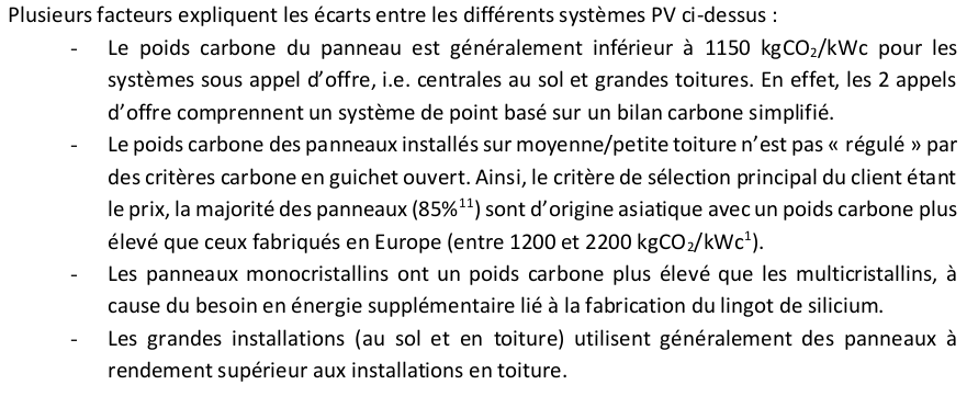 **Note de fin**Le prix du PV peut descendre à l'avenir. L'étude imagine ce qu'il se passe si le PV devient rentable et ne demande plus de subvention du CRE. Conclusion ? Le PV pourrait émettre plus de CO2. Dans l'étude il est estimé à 32gCO2/kWh.