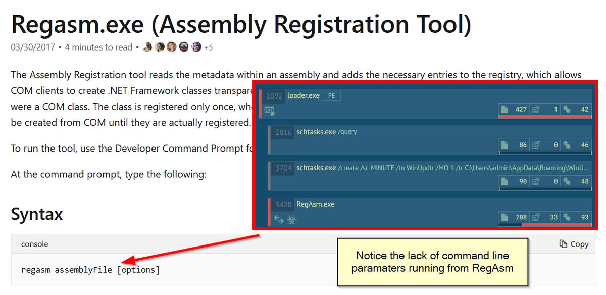 CyberRaiju's tweet image. Knowing what is normal will help you to find abnormal.

Example; All of the below processes require assembly or a specified DLL (take note of extensions) when invoking: 

regsvcs
regasm
rundll32
regsvr32

Yet this doesn&apos;t happen if they&apos;re just being used to inject or hollow into