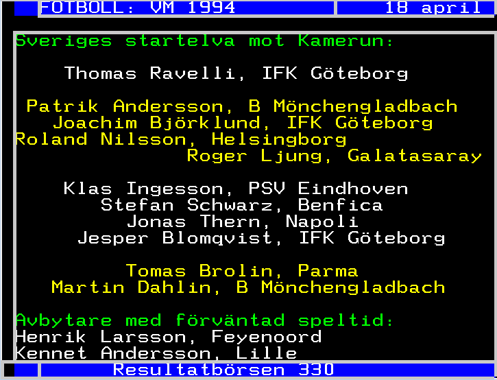 SVTSport's tweet photo. JUST NU: Sveriges startelva inför VM-premiären mot Kamerun! 
Givetvis är det text-tv-formatet som gäller. 
Anmärkningsvärt att Limpar petas och Blomqvist tar plats.
#twittboll #fotboll #VM1994 #WorldCupAtHome #worldcup https://t.co/ZgXf7SrQQi