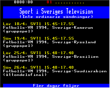 SVTSport's tweet photo. JUST NU: Sveriges startelva inför VM-premiären mot Kamerun! 
Givetvis är det text-tv-formatet som gäller. 
Anmärkningsvärt att Limpar petas och Blomqvist tar plats.
#twittboll #fotboll #VM1994 #WorldCupAtHome #worldcup https://t.co/ZgXf7SrQQi