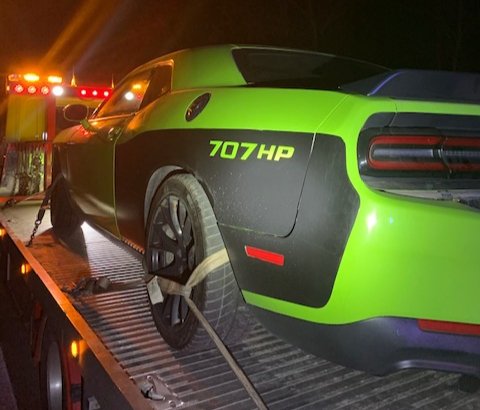 OPP_ER's tweet photo. Car passed OPP officer just before 12:30am on #Hwy417 eb, east of Hawkesbury. 271 km/hr in a 110 zone. Rear tire blew seconds later. Charged with Stunt, Careless and drive with cannabis readily available. Car impounded and DL seized for 7 days. ^bd https://t.co/rADiL8dIRH