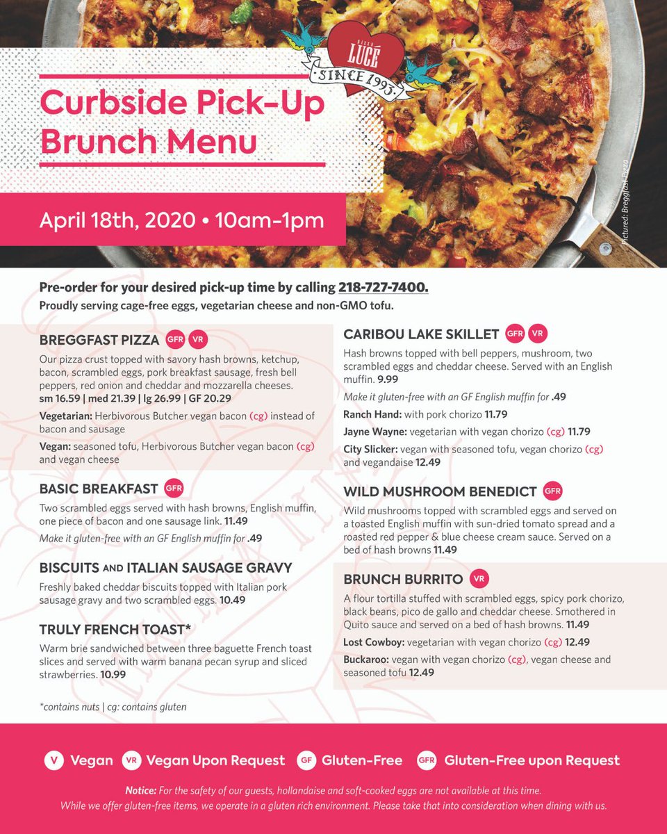 You can call in your <a href="/DuluthLuce/">Pizza Lucé Duluth</a> order starting at 9am - pick-up available after 10am
Check out the menu 👇 #LetsDoBrunch