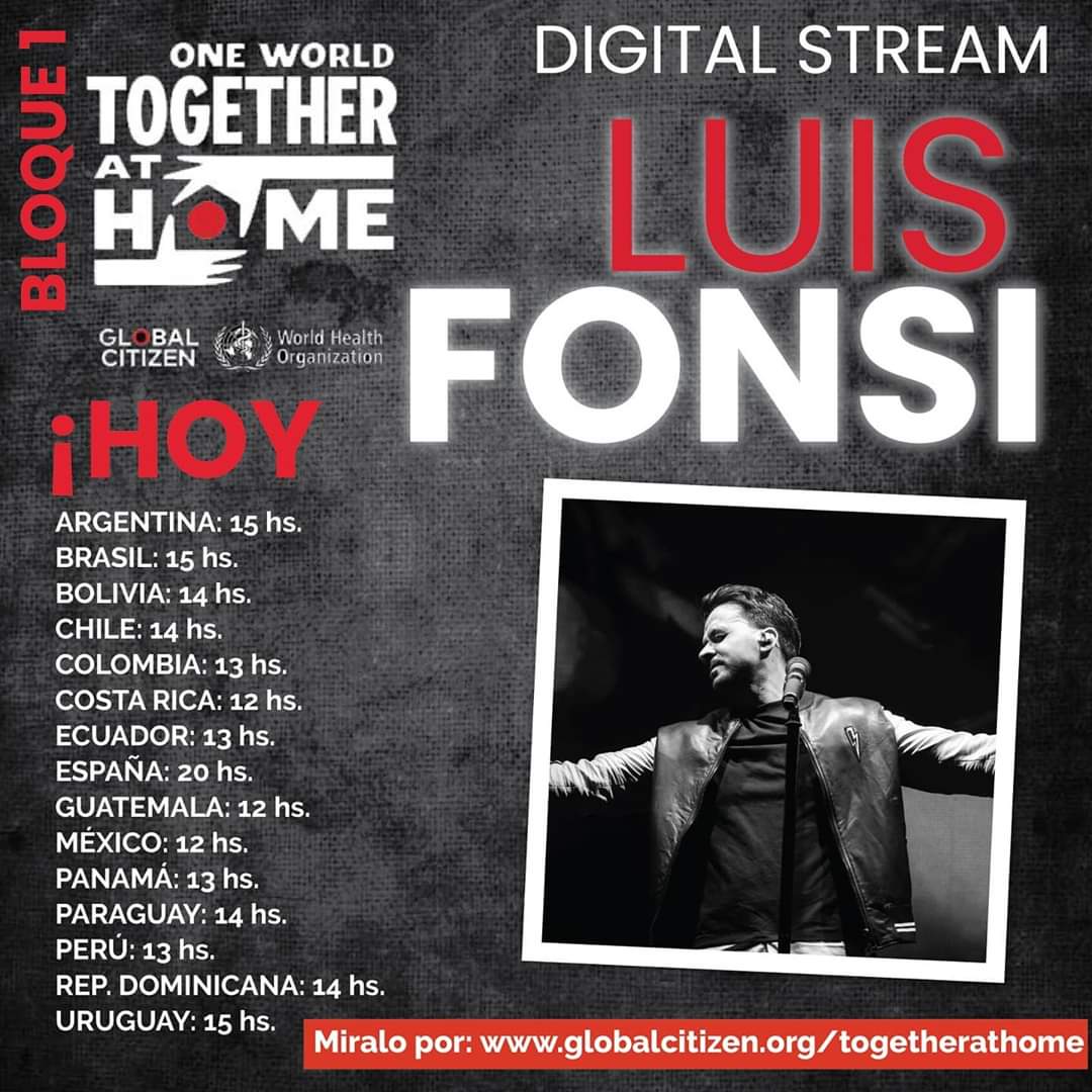 ¡HOY! #OneWorldTogetherAtHome 
No dejes de ver a #LuisFonsi 💗 en los dos bloques en los que será parte.

De 15 a 17 hs. Y de 20 a 21 hs. En vivo por: globalcitizien.org/togetherathome y redes sociales 🙌 @ En Mi Casa
<a href="/Fonsisangels/">Fonsi's Angels Arg</a> 👼