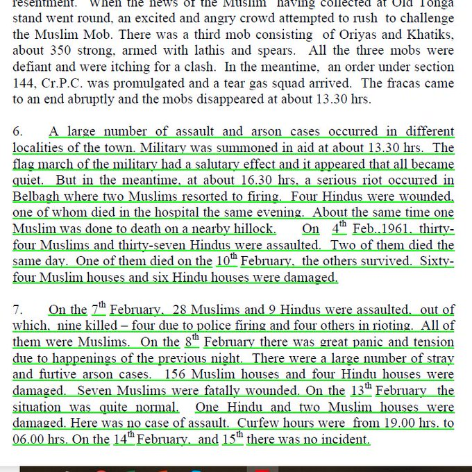 55/n  @OpusOfAli, as per the report: At 16.30 hrs, 2 Muslims resorted to firing. 4 Hindus were wounded, and 1 died. At about the same time, one Muslim was done to death on a nearby hillock. 34 Muslims & 37 Hindus (3 died) were assaulted. 64 Muslim &6 Hindu houses were damaged.