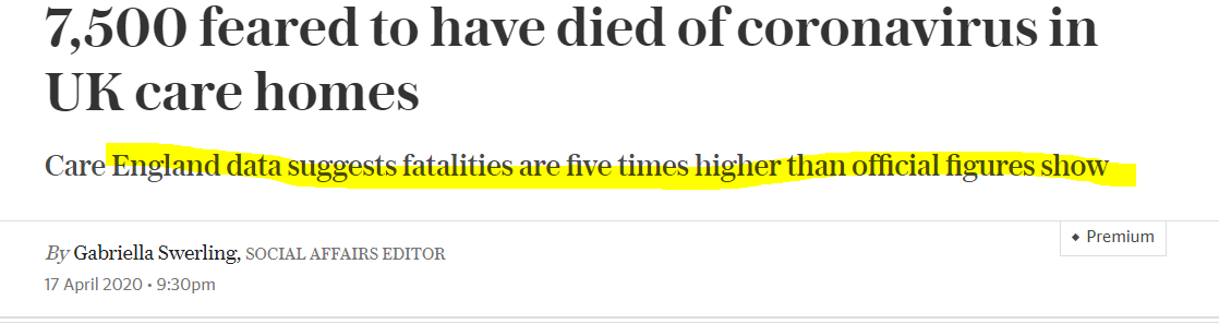 That Boris Johnson's United Kingdom is juking the stats is... unsurprising, although there may be hopes for improvement there.  https://www.telegraph.co.uk/news/2020/04/17/number-coronavirus-deaths-care-homes-could-high-7500-according/