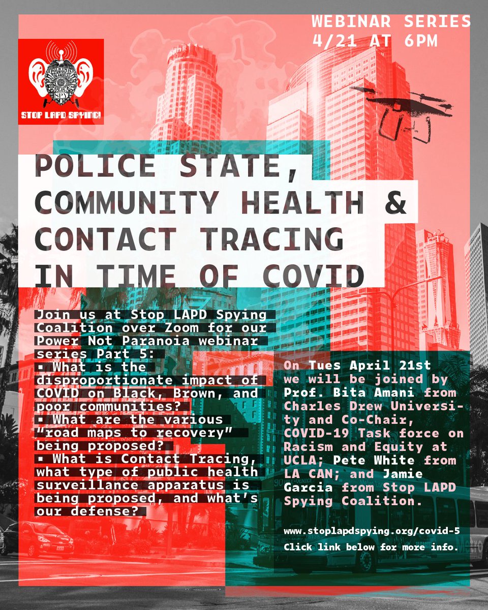 stoplapdspying's tweet photo. Join us for Pt 5 of #PowerNotParanoia Webinar Series on Tues 4/21 @ 6PM. We'll be joined by Prof Bita Amani, Pete White @LACANetwork, &amp; Jamie Garcia @stoplapdspying. DetailsHere: https://t.co/SfIY5NNhX0 @GroundGameLA @NOlympicsLA @BLMLA @YouthJusticeLA @ChallengeIneq  @WP4BL https://t.co/QF2ohNuK9u