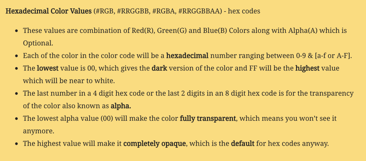 shortDevNotes's tweet photo. In CSS, Hexadecimal codes also give you a way to add transparency to the color. How?👇

#css #cssColorCodes #hexcodes #RGBA #RRGGBBAA https://t.co/MGFRMrY0y5