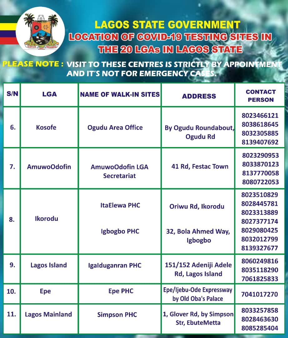 Oreoluwa_Finnih's tweet photo. Covid19: LAGOS DECENTRALIZES TESTING LOCATIONS ACROSS ALL LGAs

... RELEASES NUMBERS TO CALL AND LOCATIONS FOR TESTING  FROM MONDAY @jidesanwoolu
@JokeSanwoolu @drobafemihamzat @ProfAkinAbayomi @LSMOH @Fmohnigeria @aproko_doctor @DrZobo @DrOlufunmilayo  @NaijaFlyingDr #LASG https://t.co/UFZc3XUqRA