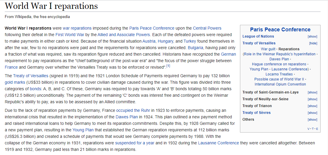 Let's review who the real players are here. I think there is no better place to start than with the "Treaty of Versailles"Written in part by future head of the CIA Allen Dulles, with his international banking friends, they charged Germany "33" Million dollars ($400B today)
