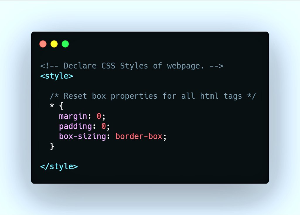 13/25 First, we create a style tag (Image 1). Inside it, we specified the following to make our  #webpage look consistent across different browsers: - Set the margin and padding of all elements to 0. - Set padding and border of all elements to be inclusive of the width.