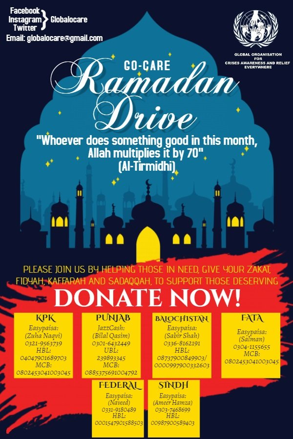 globalocare's tweet photo. The Holy month of Ramadan is upon us. Please donate generously during this blessed month. Your donations will help us distribute rashion to impoverished families & can help ease someone's suffering.
#gocare #corona_pandemic #ration_drive #corona_virus_awarenes_and_prevention https://t.co/sR5TE9MhLl