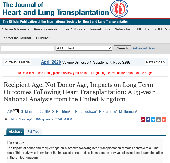 RoyalPapLib's tweet photo. #papworthauthors new publication: Recipient Age, Not Donor Age, Impacts on Long Term Outcomes Following Heart Transplantation: A 23-year National Analysis from the United Kingdom. https://t.co/lxSs1udsa7. #heartTransplantation  #ConferenceAbstract @pacman8it https://t.co/MEBsfr0FRN